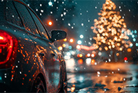 Car with Christmas tree in the background