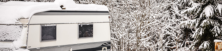 Caravan in snowy trees