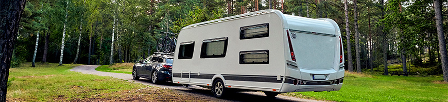 Car towing caravan in a forest