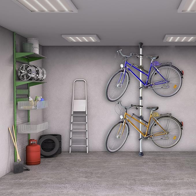 Bikes stored vertically on a non-permanent telescopic rack