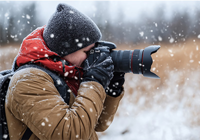 Man wearing lots of lays photographing snow